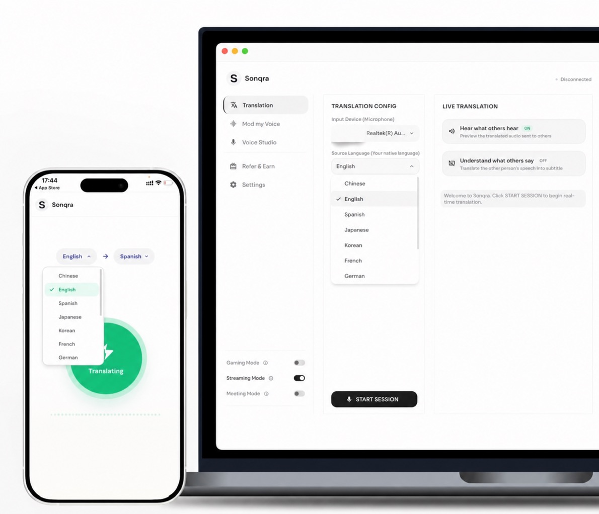 Sonqra desktop and mobile interfaces for real-time translation