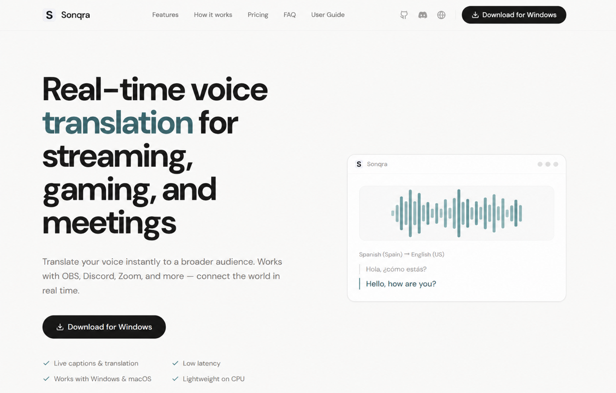 Sonqra website hero for real-time voice translation across meetings, gaming, and streaming